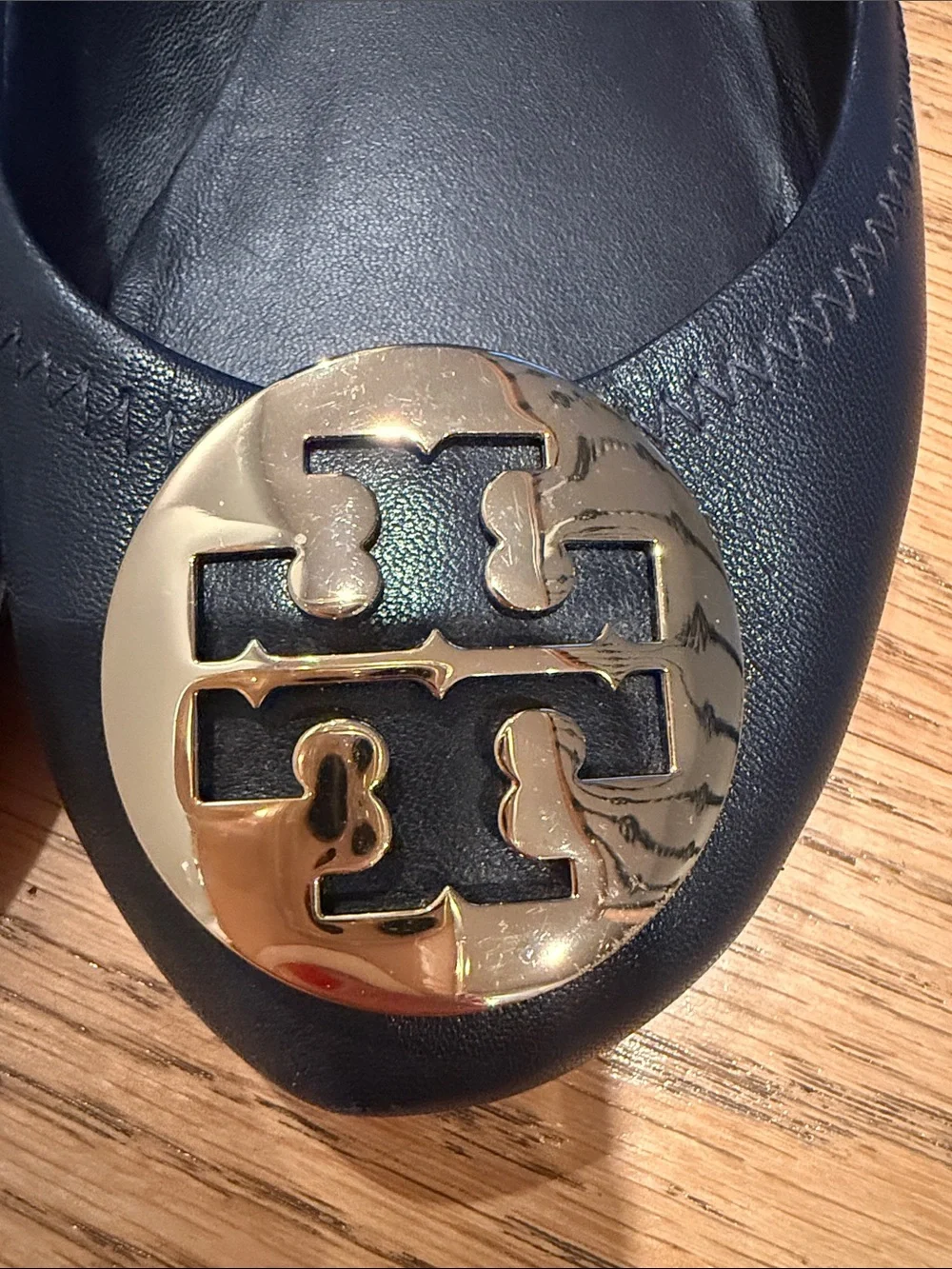 Tory Burch Navy Leather Logo Toe Ballet Flats with Gold Emblem